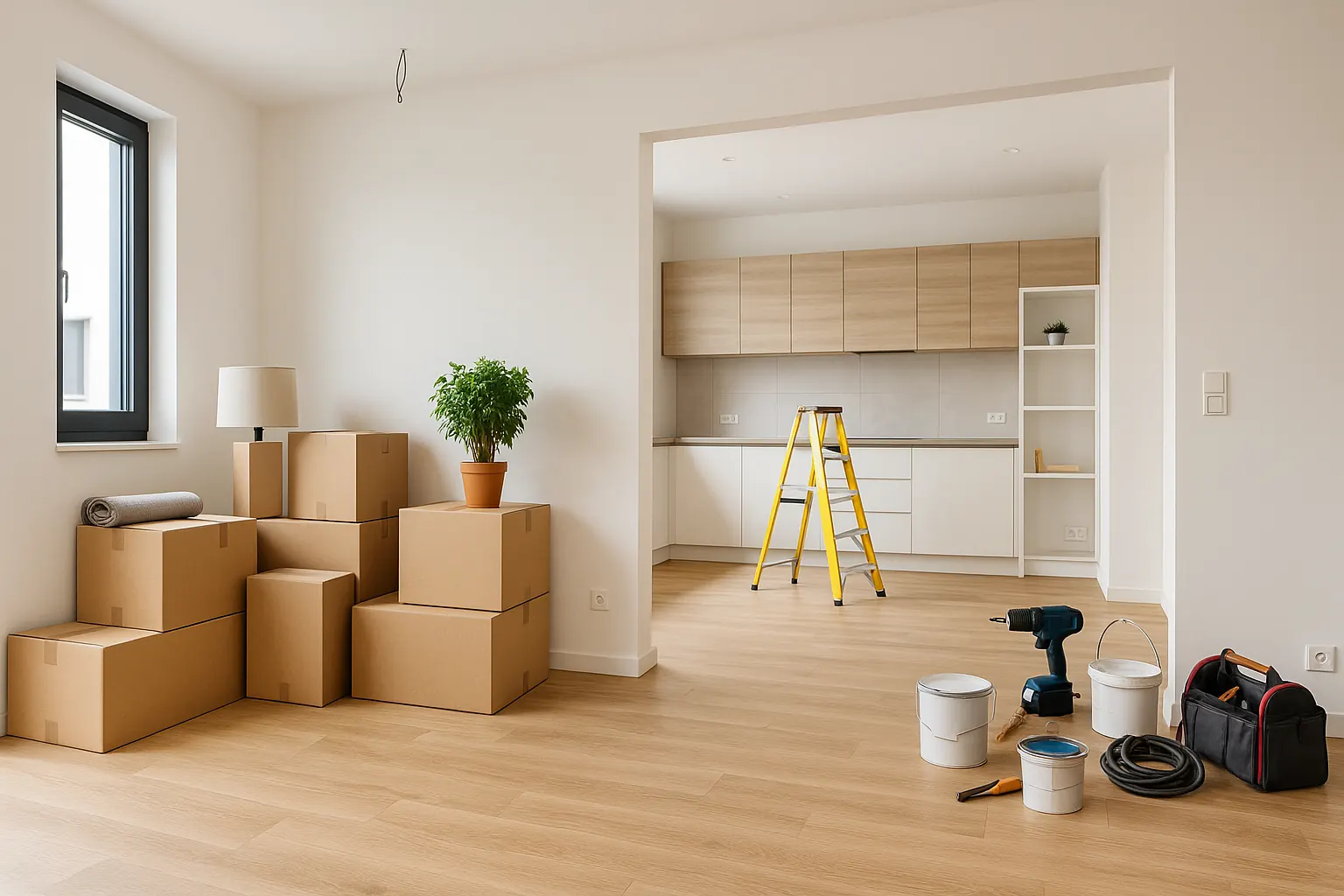 Renovierte Wohnung mit Umzugskartons und Werkzeug